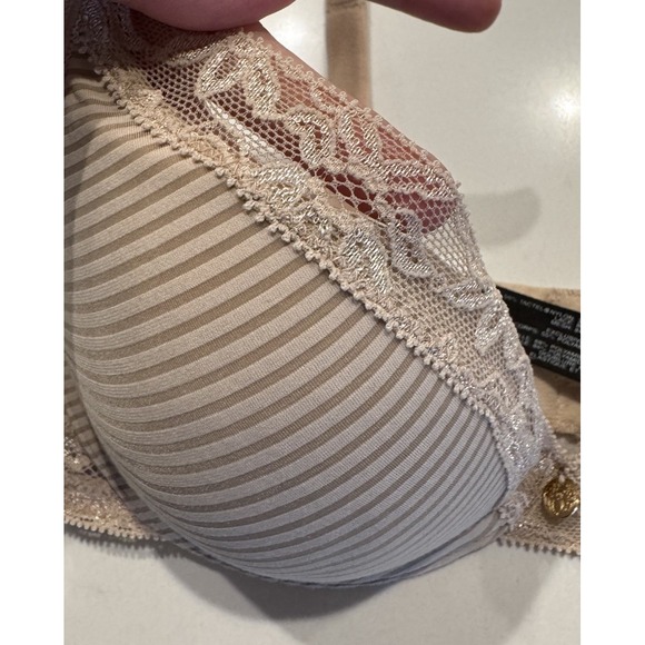 Natori Mod Deep Plunge Underwire Push Up Striped Bra Size 32D Beige Lace Trim - Picture 3 of 8